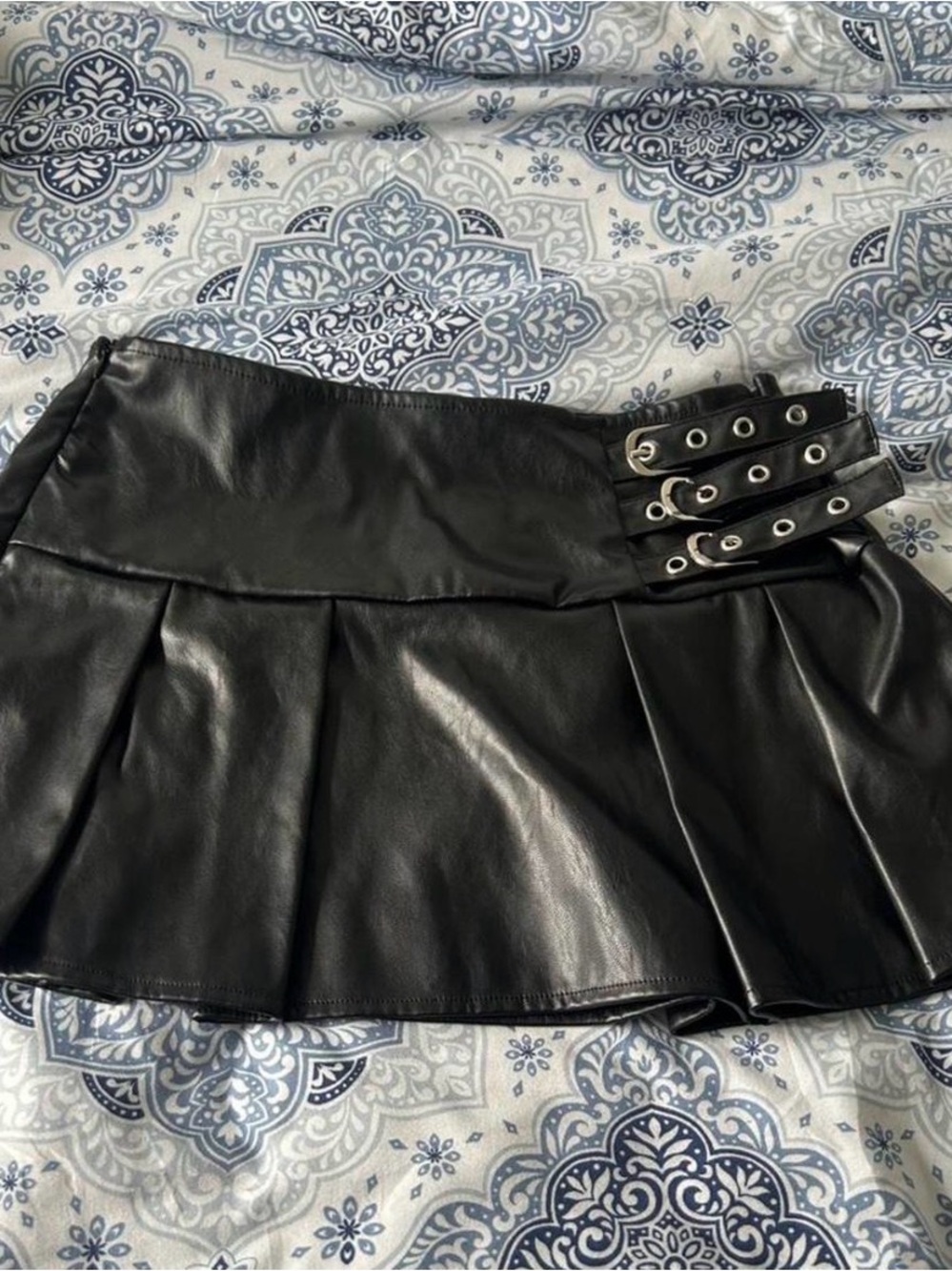 PrettyLittleThing Black Faux Leather Pleated Mini Skirt with Triple Buckles